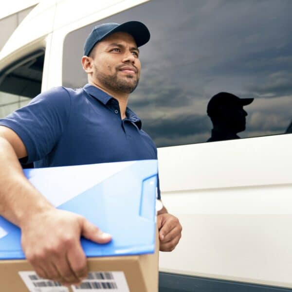 Courier holding cardboard box for delivery